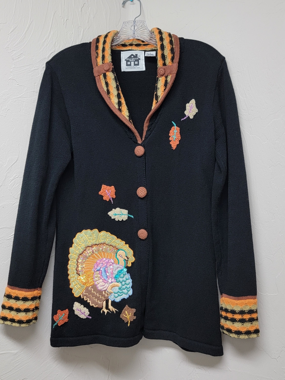 Storybook Knits Thanksgiving Turkey Fall Embroidered Cardigan Sweater Holiday S